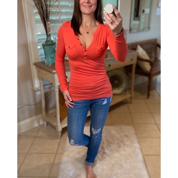 Henley Military Style Long Sleeve Lt Orange 0221 - Picture 2 of 3